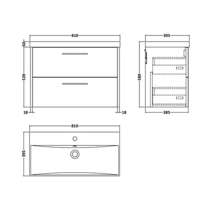 Hudson Reed Juno 800mm Wall Hung 2 Drawer Vanity & Basin 3 Contemp Metallic Slate MFC Textured Matt 589x810x395mm - JJ Building Materials