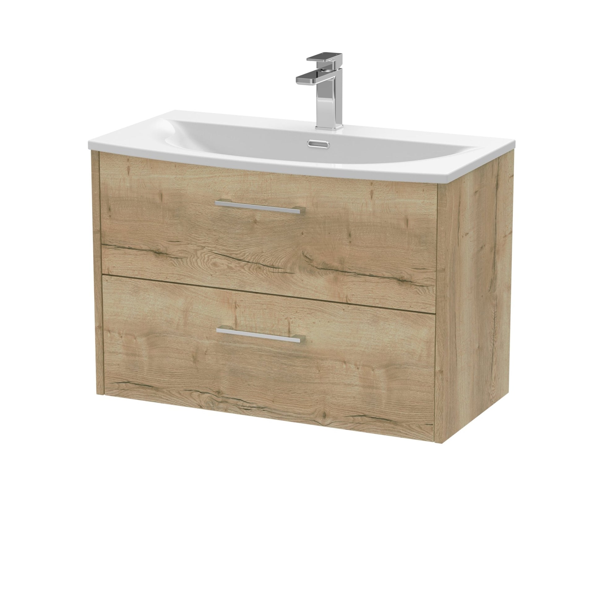 Hudson Reed Juno 800mm Wall Hung 2 Drawer Vanity & Basin 4 Contemp Autumn Oak MFC Textured Woodgrain 569x810x440mm - JJ Building Materials