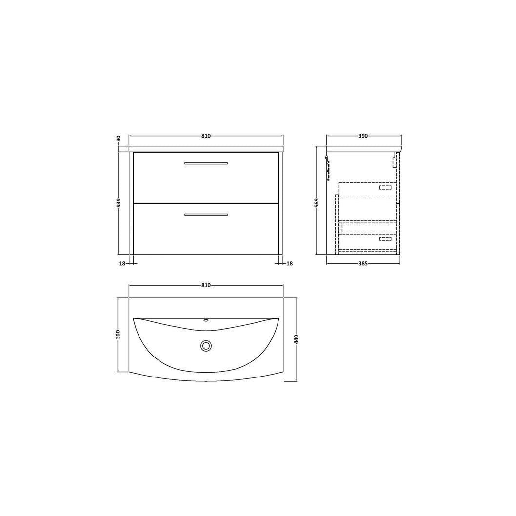 Hudson Reed Juno 800mm Wall Hung 2 Drawer Vanity & Basin 4 Contemp Coastal Grey MFC Smooth Matt 569x810x440mm - JJ Building Materials