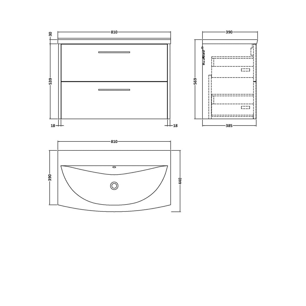 Hudson Reed Juno 800mm Wall Hung 2 Drawer Vanity & Basin 4 Contemp Metallic Slate MFC Textured Matt 569x810x440mm - JJ Building Materials