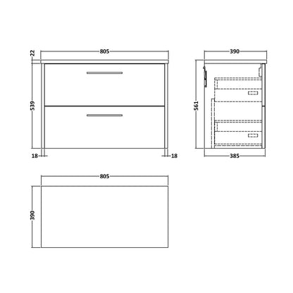 Hudson Reed Juno 800mm Wall Hung 2 Drawer Vanity & Laminate Top Contemp Autumn Oak MFC Textured Woodgrain 561x805x390mm - JNU1826LBG - JJ Building Materials