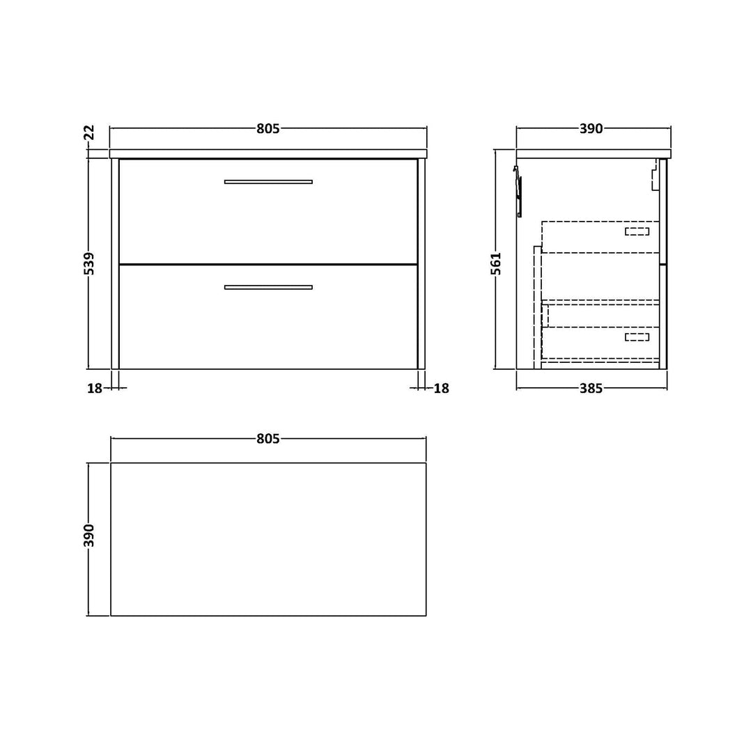 Hudson Reed Juno 800mm Wall Hung 2 Drawer Vanity & Laminate Top Contemp Graphite Grey Woodgrain MFC Textured Woodgrain 561x805x390mm - JNU2226LBG - JJ Building Materials