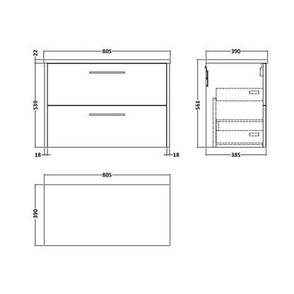 Hudson Reed Juno 800mm Wall Hung 2 Drawer Vanity & Laminate Top Contemp Graphite Grey Woodgrain MFC Textured Woodgrain 561x805x390mm - JNU2226LBG - JJ Building Materials