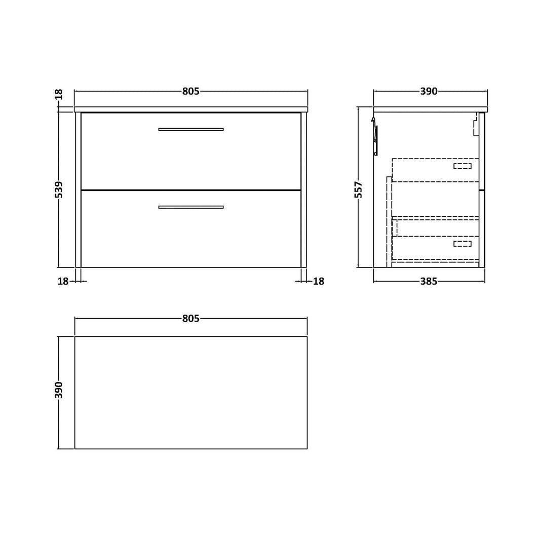 Hudson Reed Juno 800mm Wall Hung 2 Drawer Vanity & Worktop Contemp Autumn Oak MFC Textured Woodgrain 557x805x390mm - JJ Building Materials