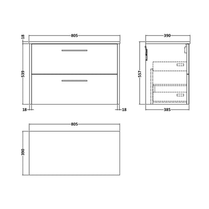 Hudson Reed Juno 800mm Wall Hung 2 Drawer Vanity & Worktop Contemp Autumn Oak MFC Textured Woodgrain 557x805x390mm - JJ Building Materials