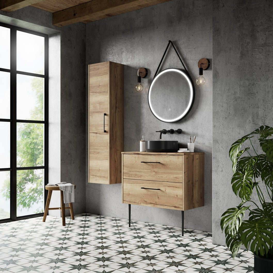 Hudson Reed Juno 800mm Wall Hung 2 Drawer Vanity & Worktop Contemp Autumn Oak MFC Textured Woodgrain 557x805x390mm - JJ Building Materials