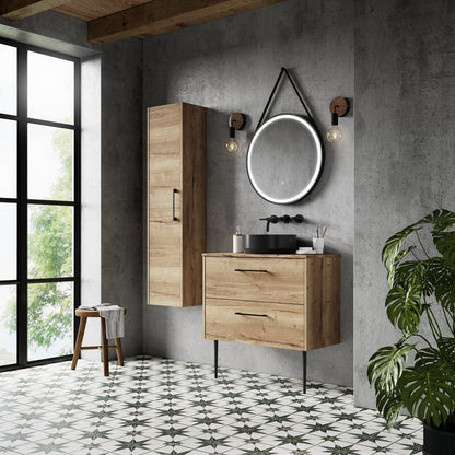 Hudson Reed Juno 800mm Wall Hung 2 Drawer Vanity & Worktop Contemp Autumn Oak MFC Textured Woodgrain 557x805x390mm - JJ Building Materials