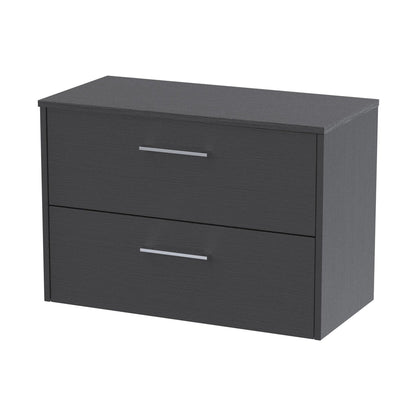 Hudson Reed Juno 800mm Wall Hung 2 Drawer Vanity & Worktop Contemp Graphite Grey Woodgrain MFC Textured Woodgrain 557x805x390mm - JJ Building Materials