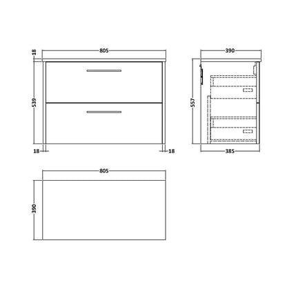 Hudson Reed Juno 800mm Wall Hung 2 Drawer Vanity & Worktop Contemp Metallic Slate MFC Textured Matt 557x805x390mm - JJ Building Materials