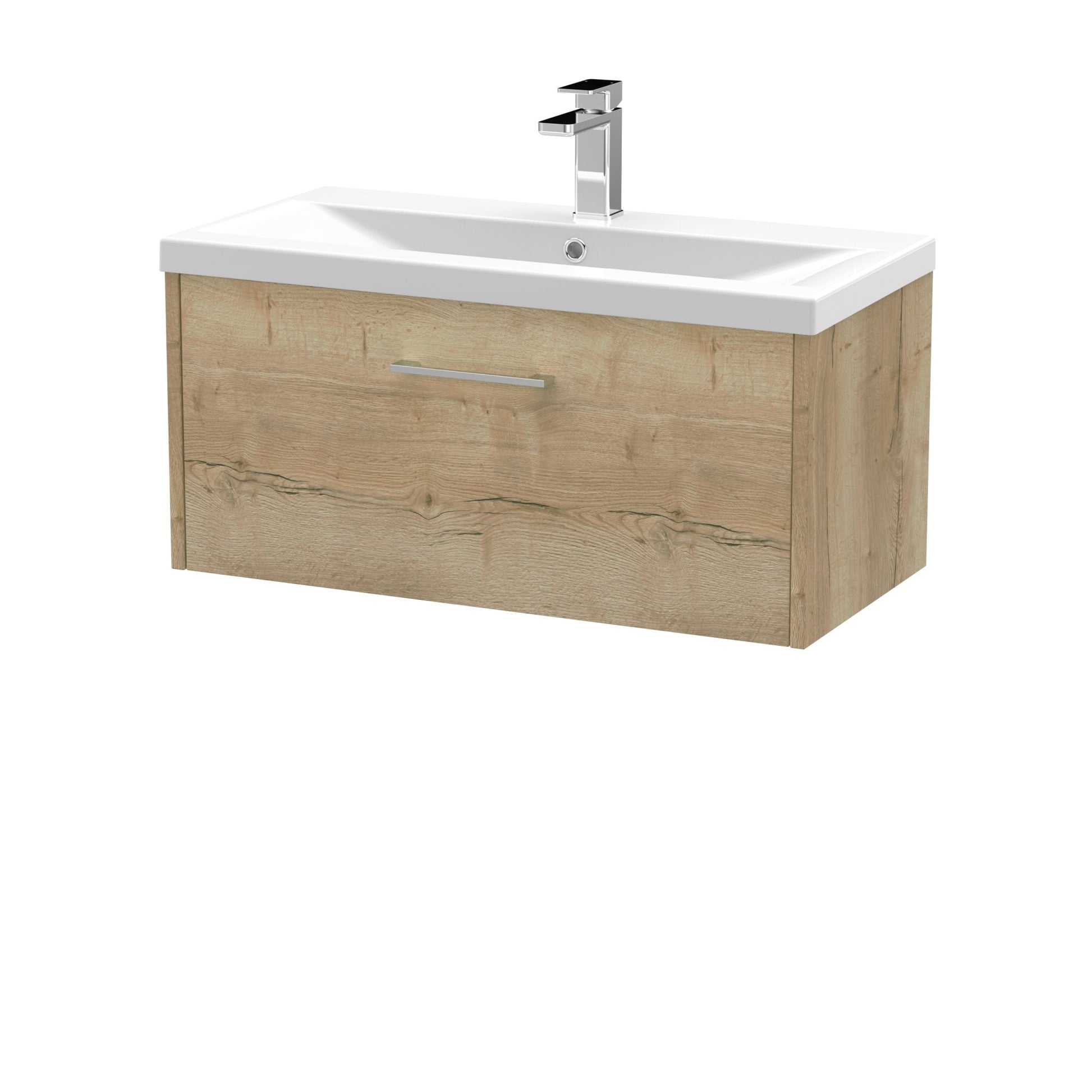 Hudson Reed Juno 800mm Wall Hung Single Drawer Vanity & Basin 1 Contemp Autumn Oak MFC Textured Woodgrain 399x800x390mm - JJ Building Materials