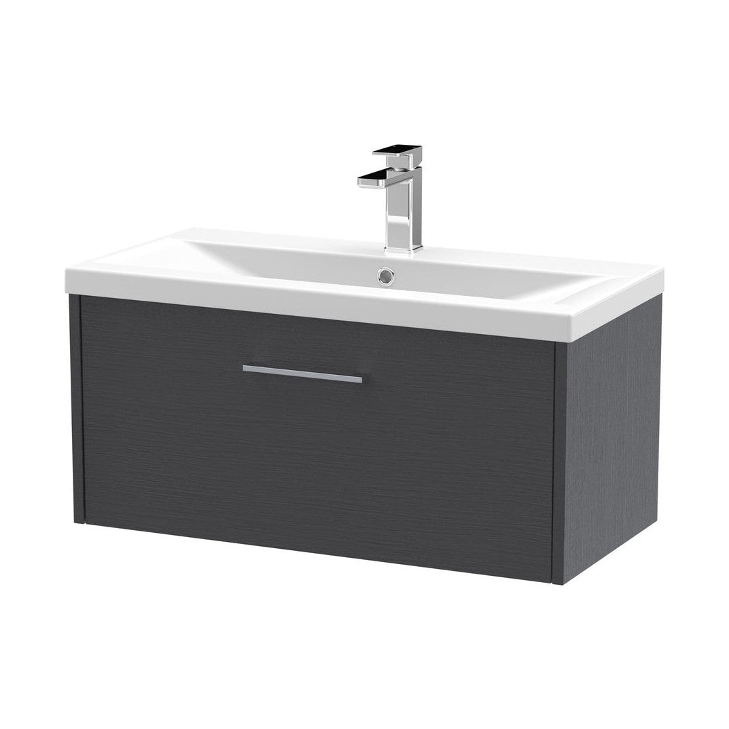Hudson Reed Juno 800mm Wall Hung Single Drawer Vanity & Basin 1 Contemp Graphite Grey Woodgrain MFC Textured Woodgrain 399x800x390mm - JJ Building Materials