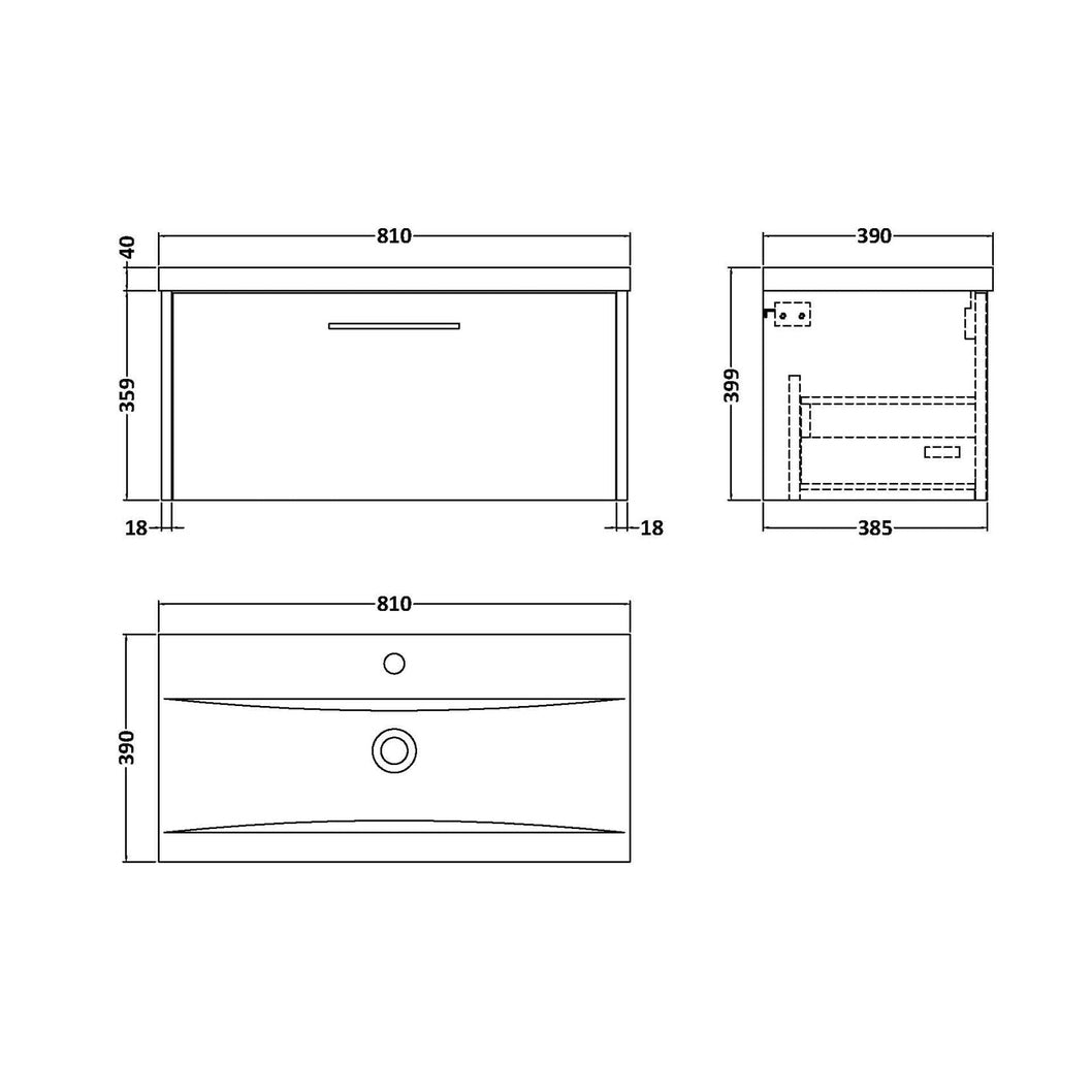 Hudson Reed Juno 800mm Wall Hung Single Drawer Vanity & Basin 1 Contemp Graphite Grey Woodgrain MFC Textured Woodgrain 399x800x390mm - JJ Building Materials