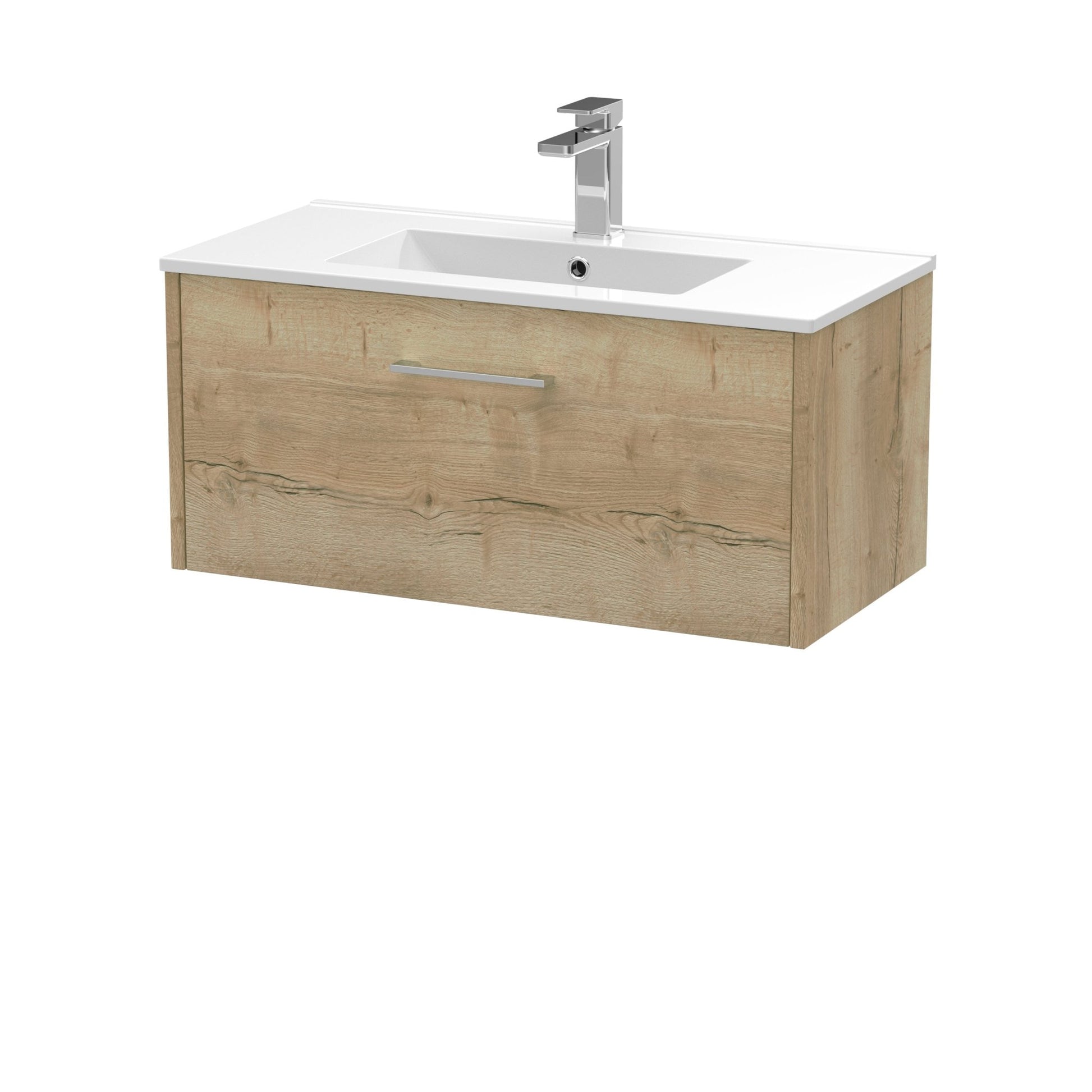 Hudson Reed Juno 800mm Wall Hung Single Drawer Vanity & Basin 2 Contemp Autumn Oak MFC Textured Woodgrain 374x800x390mm - JJ Building Materials