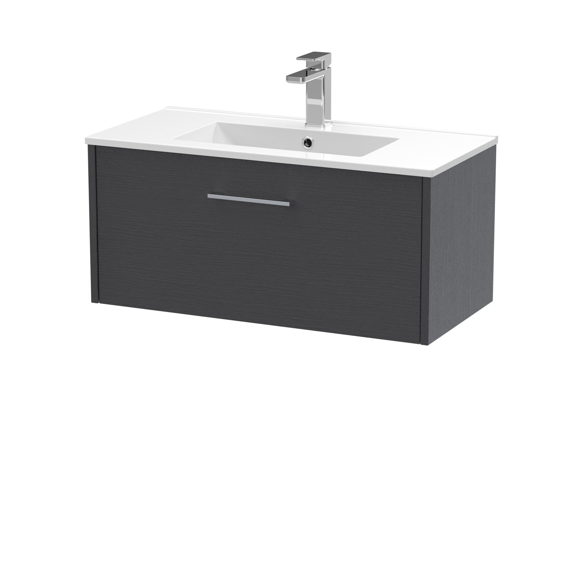 Hudson Reed Juno 800mm Wall Hung Single Drawer Vanity & Basin 2 Contemp Graphite Grey Woodgrain MFC Textured Woodgrain 374x800x390mm - JJ Building Materials