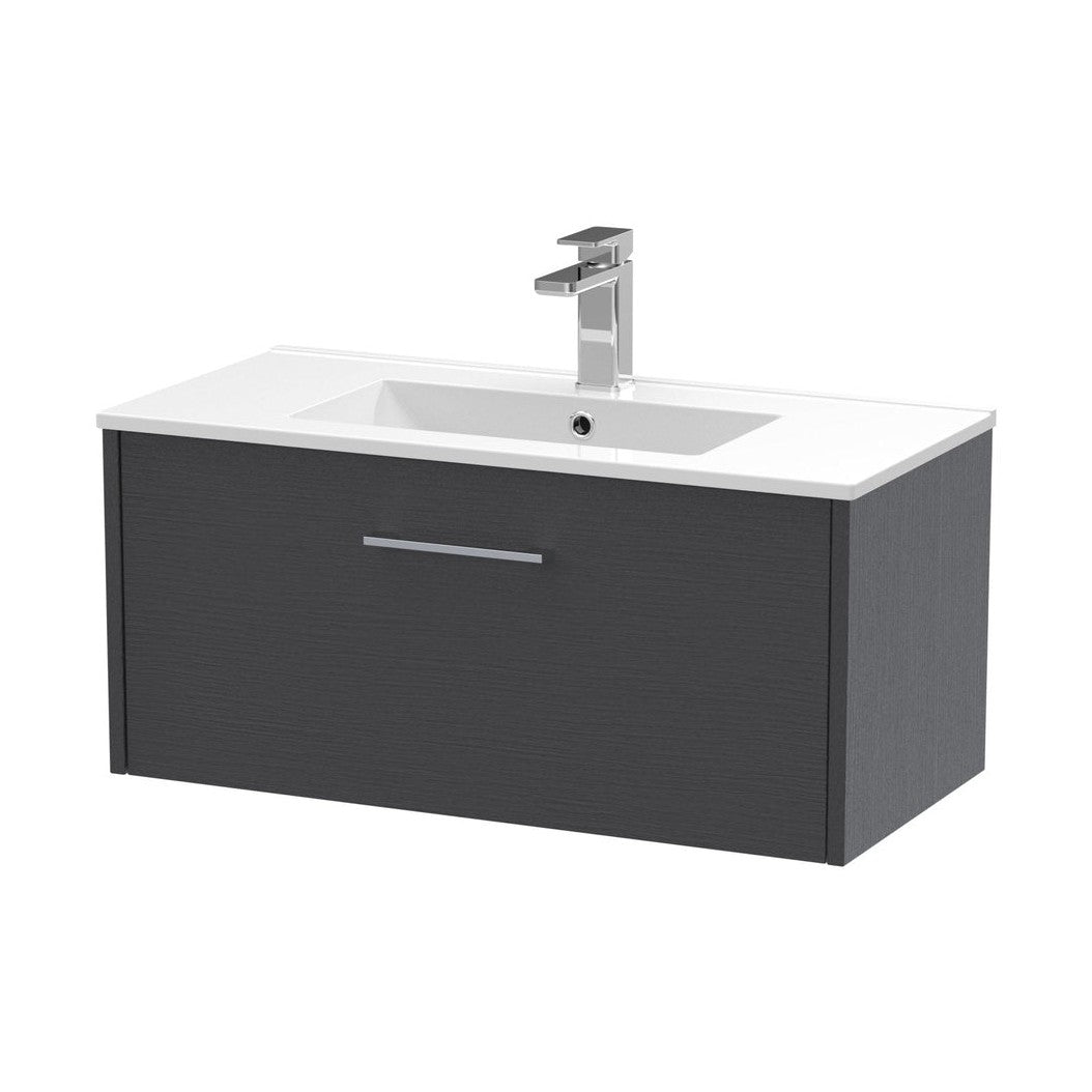 Hudson Reed Juno 800mm Wall Hung Single Drawer Vanity & Basin 2 Contemp Graphite Grey Woodgrain MFC Textured Woodgrain 374x800x390mm - JJ Building Materials