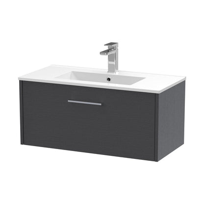 Hudson Reed Juno 800mm Wall Hung Single Drawer Vanity & Basin 2 Contemp Graphite Grey Woodgrain MFC Textured Woodgrain 374x800x390mm - JJ Building Materials