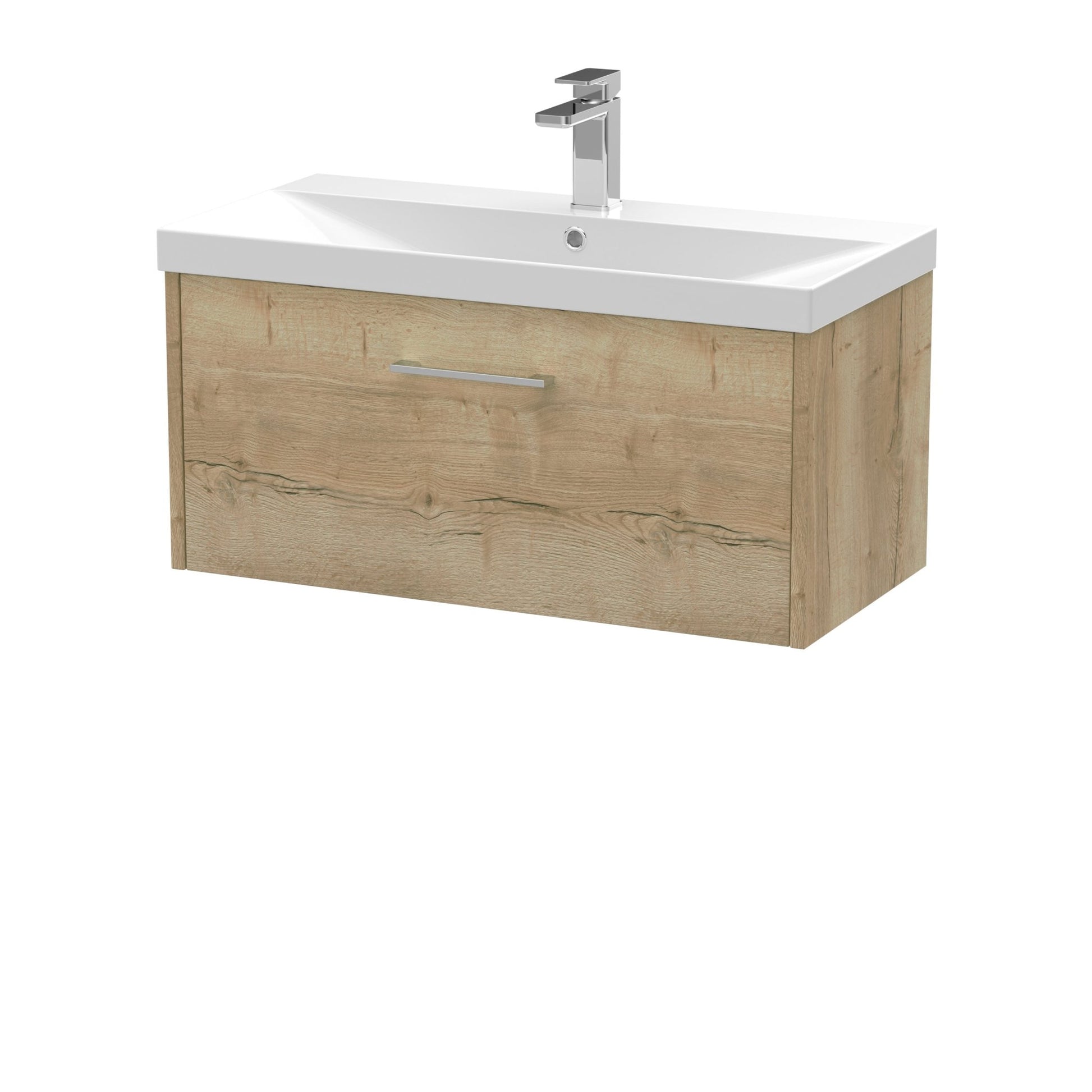 Hudson Reed Juno 800mm Wall Hung Single Drawer Vanity & Basin 3 Contemp Autumn Oak MFC Textured Woodgrain 409x800x395mm - JJ Building Materials