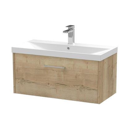 Hudson Reed Juno 800mm Wall Hung Single Drawer Vanity & Basin 3 Contemp Autumn Oak MFC Textured Woodgrain 409x800x395mm - JJ Building Materials