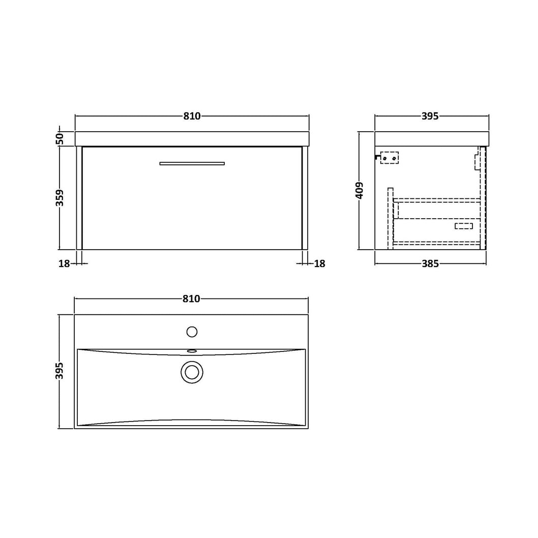 Hudson Reed Juno 800mm Wall Hung Single Drawer Vanity & Basin 3 Contemp Autumn Oak MFC Textured Woodgrain 409x800x395mm - JJ Building Materials
