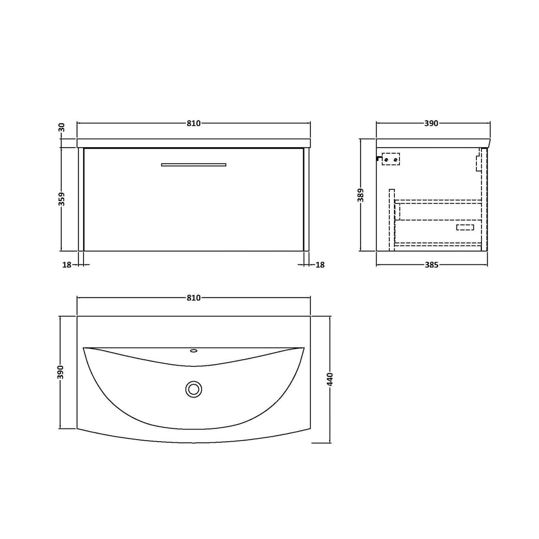 Hudson Reed Juno 800mm Wall Hung Single Drawer Vanity & Basin 4 Contemp Graphite Grey Woodgrain MFC Textured Woodgrain 389x810x440mm - JJ Building Materials