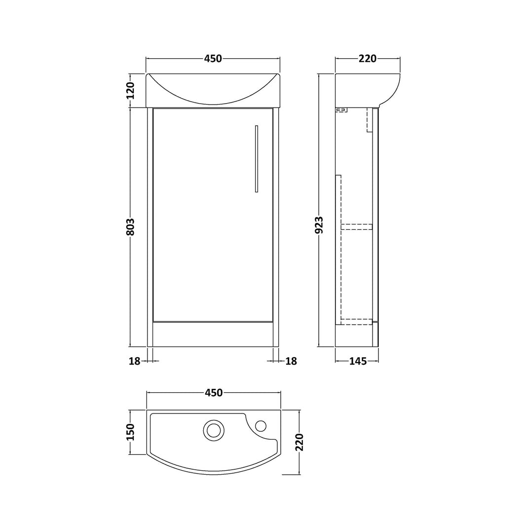 Hudson Reed Juno Compact 440mm Floor Standing 1 Door Unit & 1th Basin Lh Contemp Coastal Grey MFC Smooth Matt 923x450x220mm - JJ Building Materials