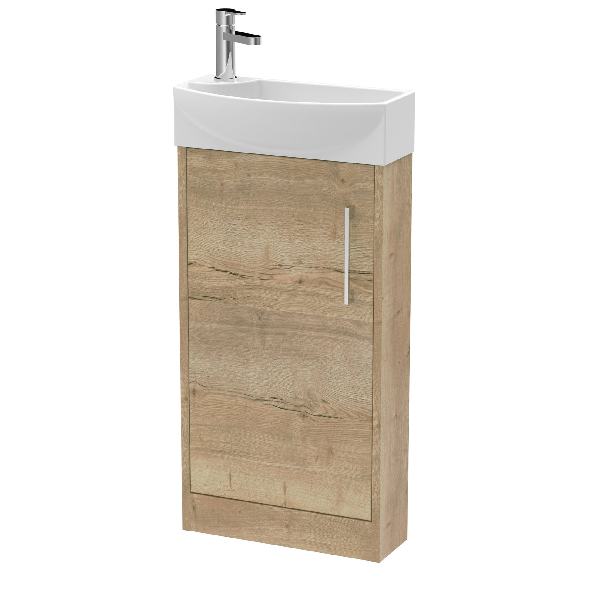 Hudson Reed Juno Compact 440mm Floor Standing 1 Door Unit & 1th Basin Rh Contemp Autumn Oak MFC Textured Woodgrain 923x450x220mm - JJ Building Materials