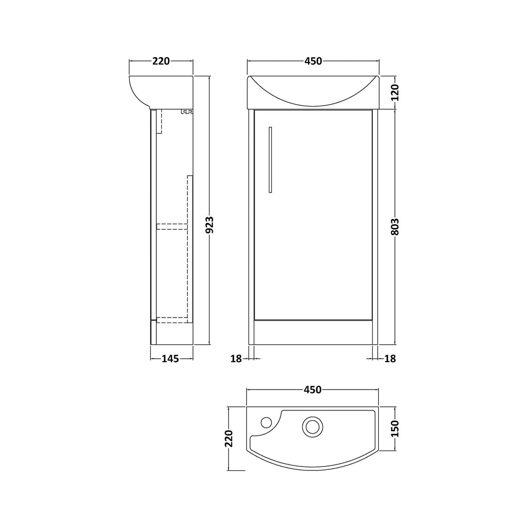 Hudson Reed Juno Compact 440mm Floor Standing 1 Door Unit & 1th Basin Rh Contemp Coastal Grey MFC Smooth Matt 923x450x220mm - JJ Building Materials