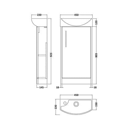 Hudson Reed Juno Compact 440mm Floor Standing 1 Door Unit & 1th Basin Rh Contemp Coastal Grey MFC Smooth Matt 923x450x220mm - JJ Building Materials