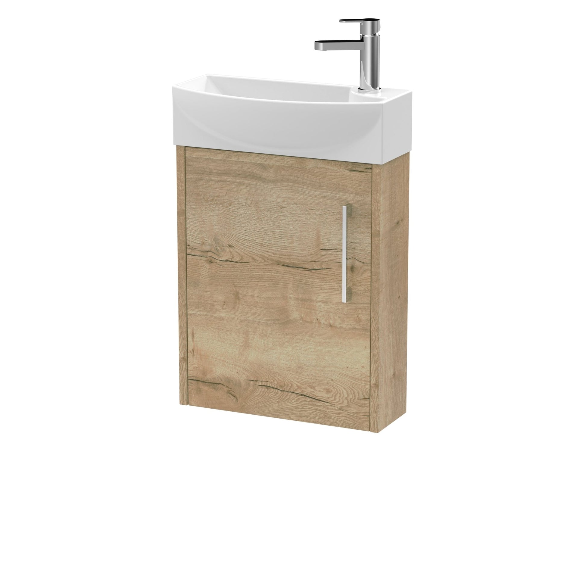 Hudson Reed Juno Compact 440mm Wall Hung 1 Door Unit & 1th Basin Lh Contemp Autumn Oak MFC Textured Woodgrain 479x450x220mm - JJ Building Materials
