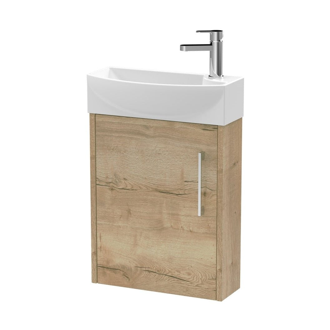 Hudson Reed Juno Compact 440mm Wall Hung 1 Door Unit & 1th Basin Lh Contemp Autumn Oak MFC Textured Woodgrain 479x450x220mm - JJ Building Materials