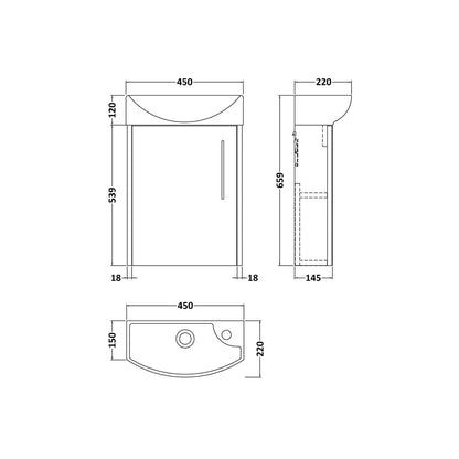 Hudson Reed Juno Compact 440mm Wall Hung 1 Door Unit & 1th Basin Lh Contemp Graphite Grey Woodgrain MFC Textured Woodgrain 479x450x220mm - JJ Building Materials