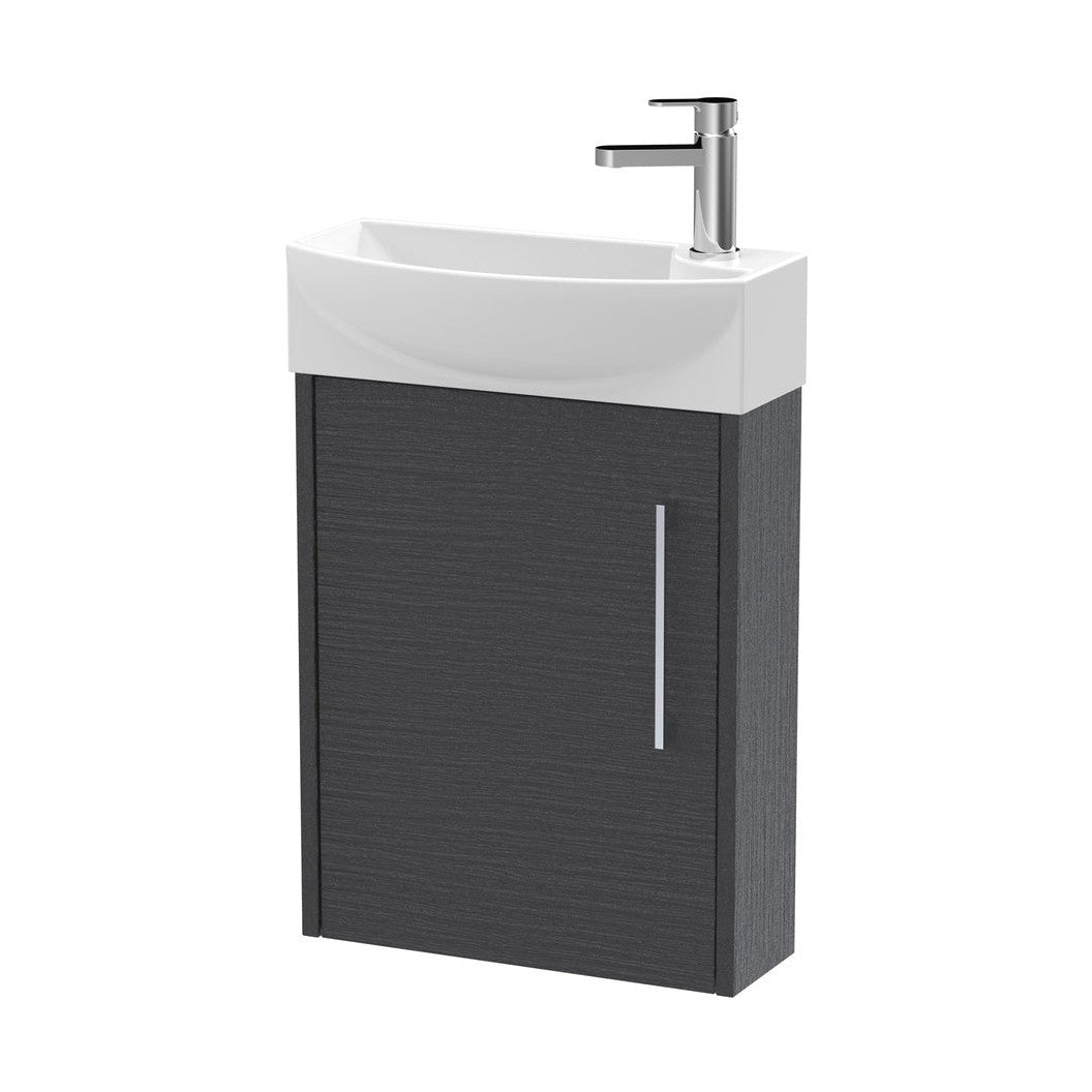 Hudson Reed Juno Compact 440mm Wall Hung 1 Door Unit & 1th Basin Lh Contemp Graphite Grey Woodgrain MFC Textured Woodgrain 479x450x220mm - JJ Building Materials