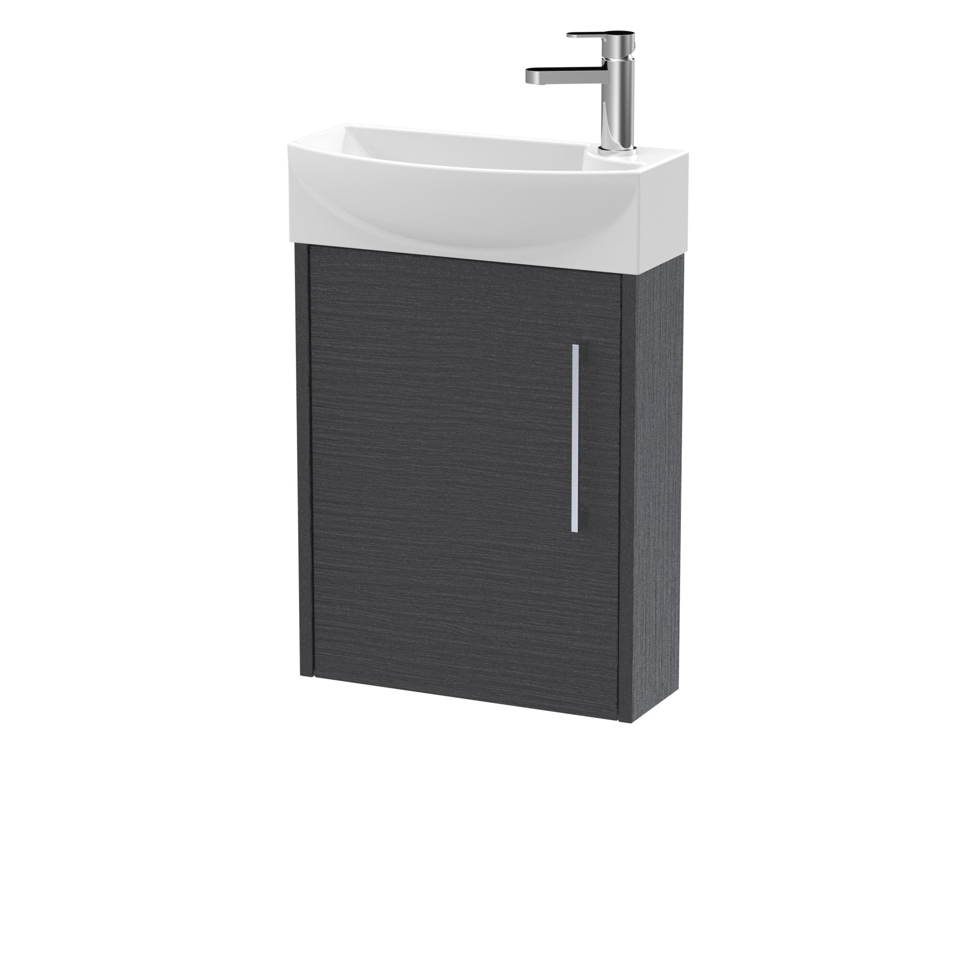 Hudson Reed Juno Compact 440mm Wall Hung 1 Door Unit & 1th Basin Lh Contemp Graphite Grey Woodgrain MFC Textured Woodgrain 479x450x220mm - JJ Building Materials