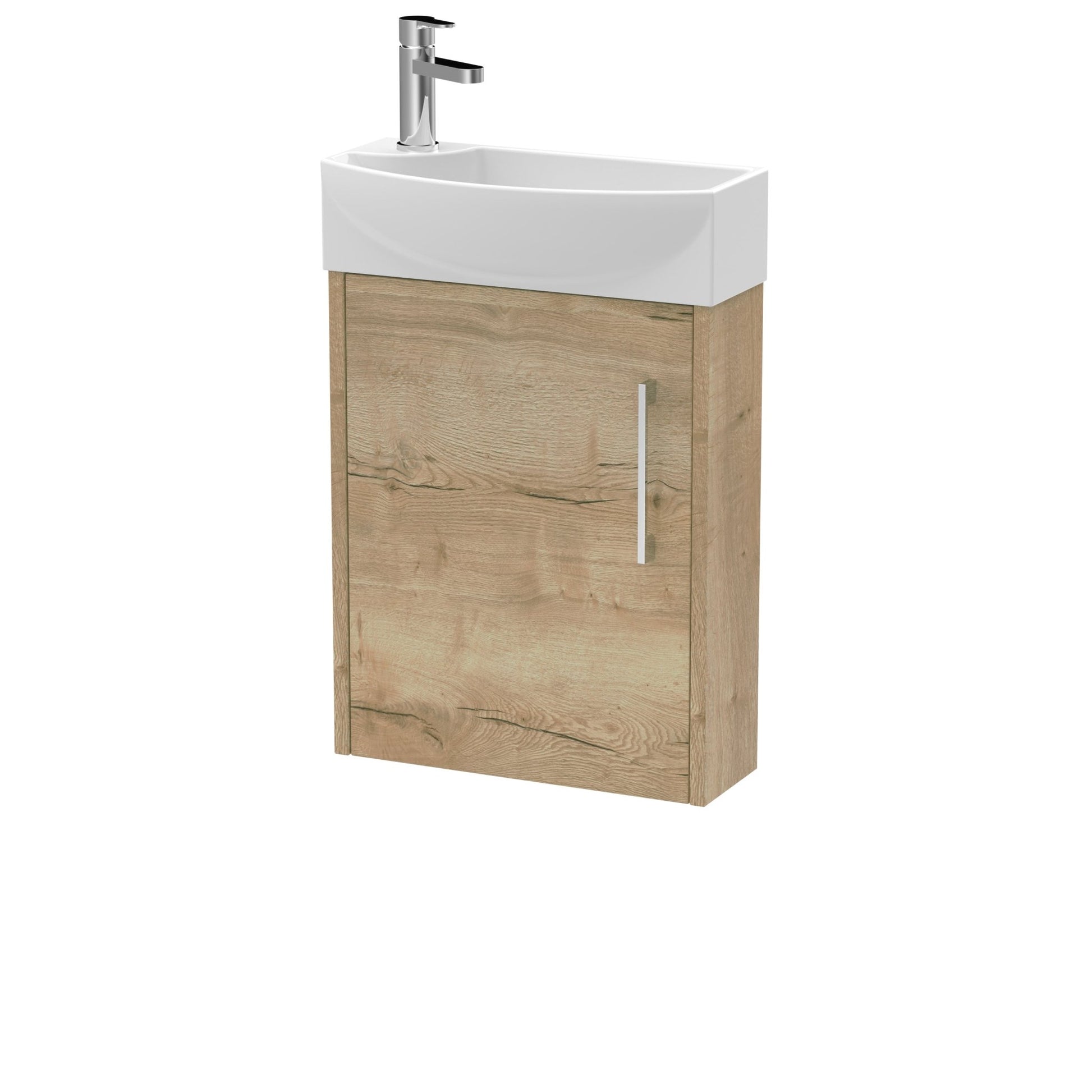 Hudson Reed Juno Compact 440mm Wall Hung 1 Door Unit & 1th Basin Rh Contemp Autumn Oak MFC Textured Woodgrain 479x450x220mm - JJ Building Materials
