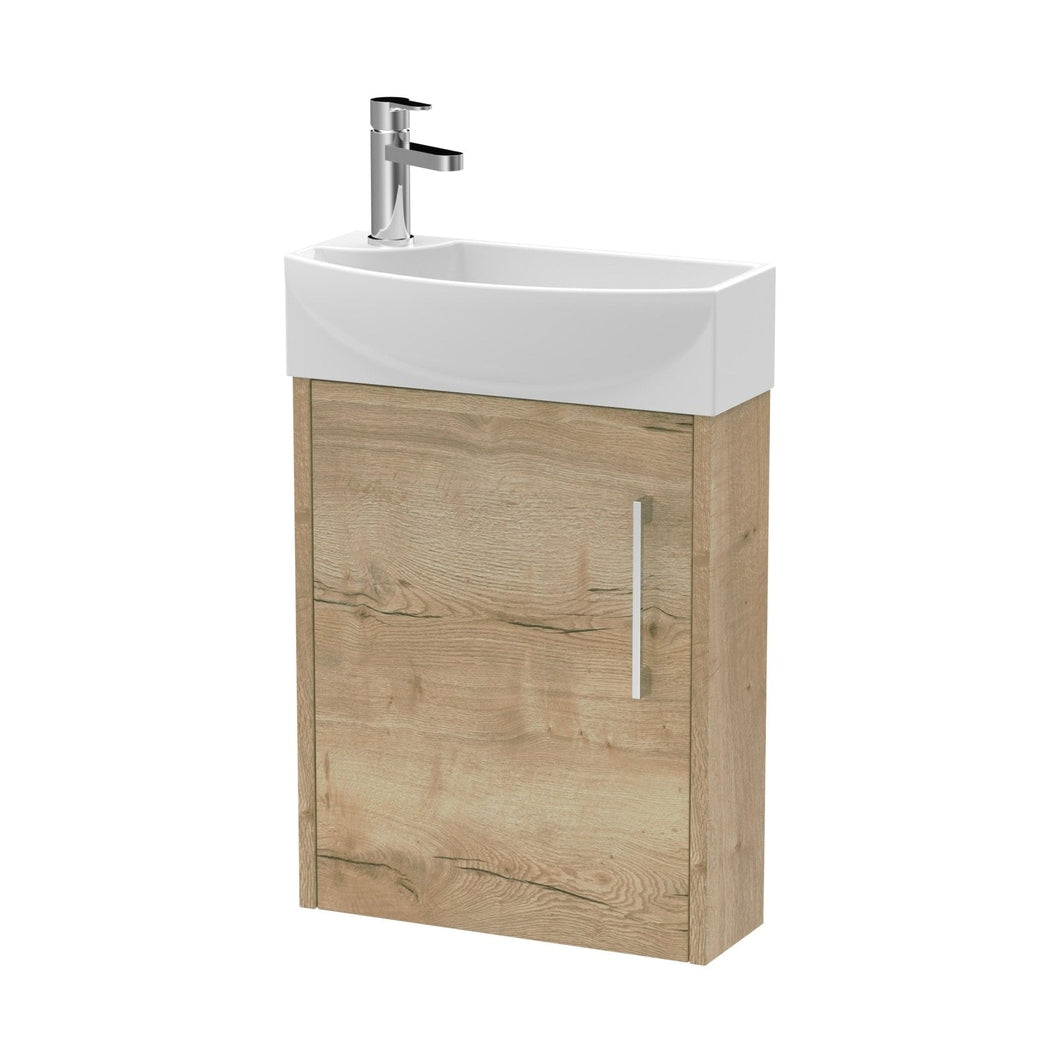 Hudson Reed Juno Compact 440mm Wall Hung 1 Door Unit & 1th Basin Rh Contemp Autumn Oak MFC Textured Woodgrain 479x450x220mm - JJ Building Materials