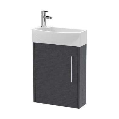 Hudson Reed Juno Compact 440mm Wall Hung 1 Door Unit & 1th Basin Rh Contemp Graphite Grey Woodgrain MFC Textured Woodgrain 479x450x220mm - JJ Building Materials