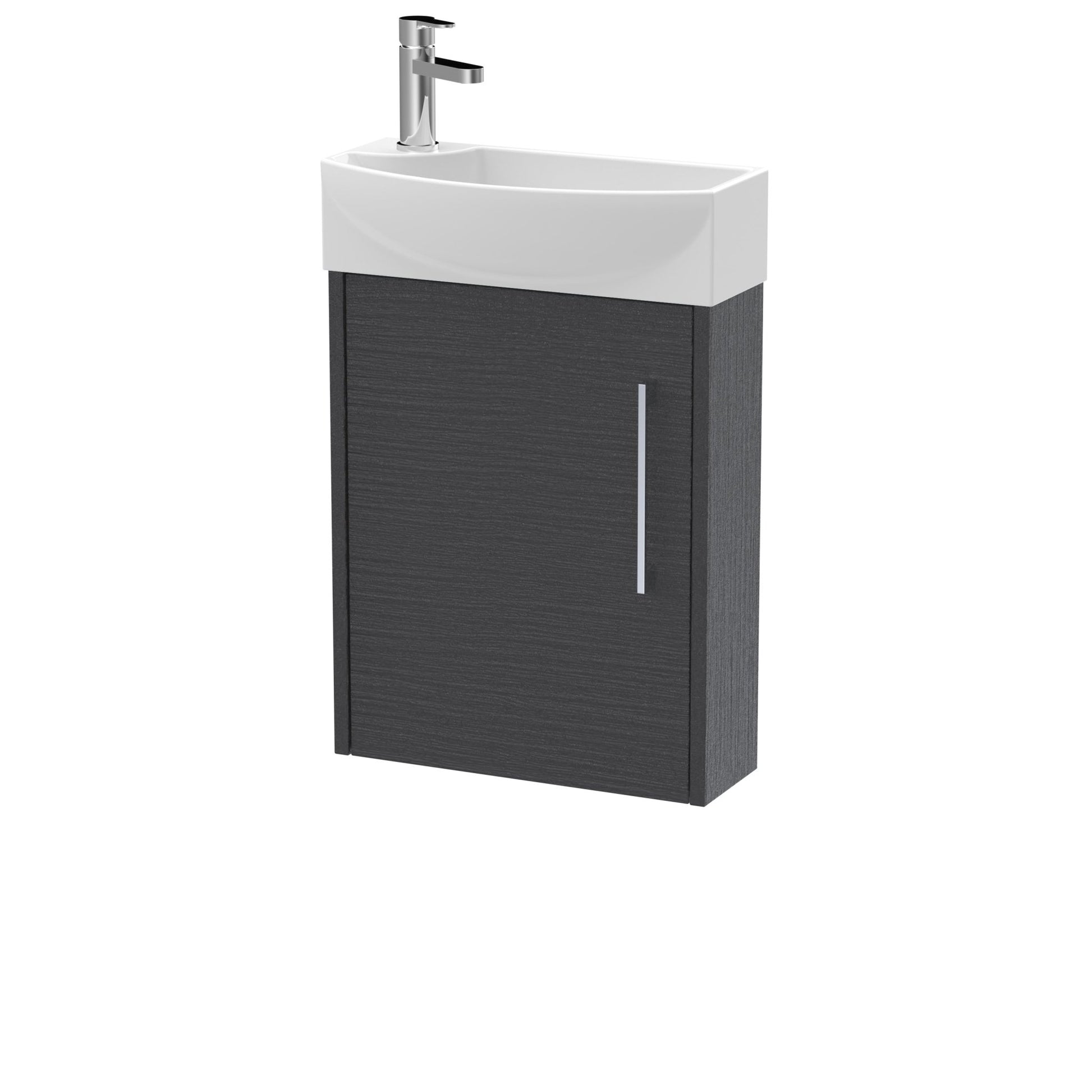 Hudson Reed Juno Compact 440mm Wall Hung 1 Door Unit & 1th Basin Rh Contemp Graphite Grey Woodgrain MFC Textured Woodgrain 479x450x220mm - JJ Building Materials