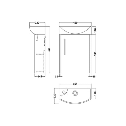 Hudson Reed Juno Compact 440mm Wall Hung 1 Door Unit & 1th Basin Rh Contemp Graphite Grey Woodgrain MFC Textured Woodgrain 479x450x220mm - JJ Building Materials