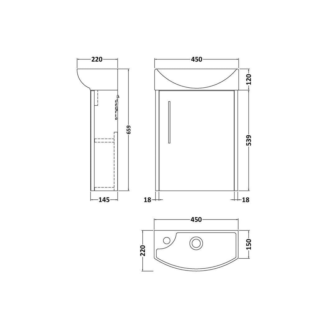 Hudson Reed Juno Compact 440mm Wall Hung 1 Door Unit & 1th Basin Rh Contemp Metallic Slate MFC Textured Matt 659x450x220mm - JJ Building Materials
