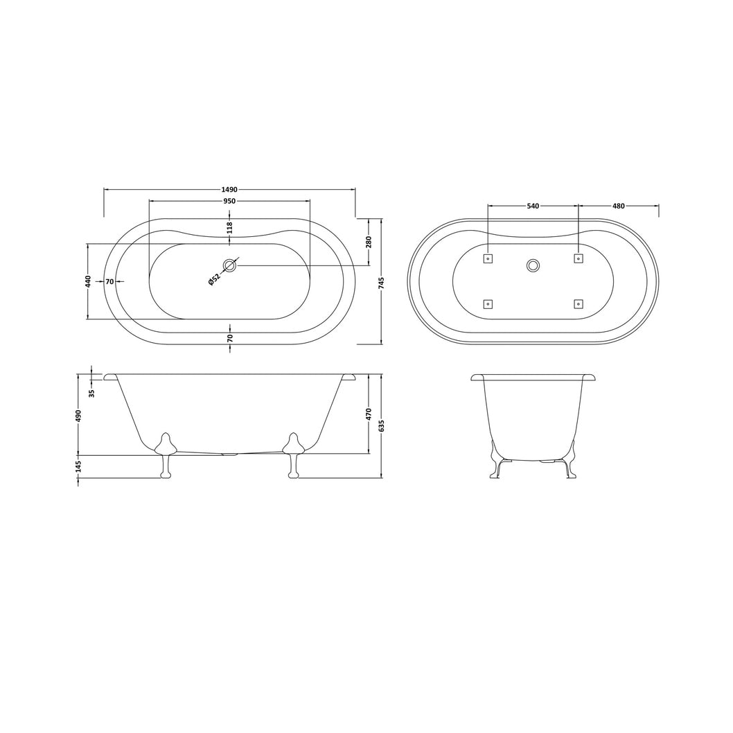 Hudson Reed Kingsbury Freestanding Bath - Pride Leg Set (1500mm) Trad White Acrylic - JJ Building Materials