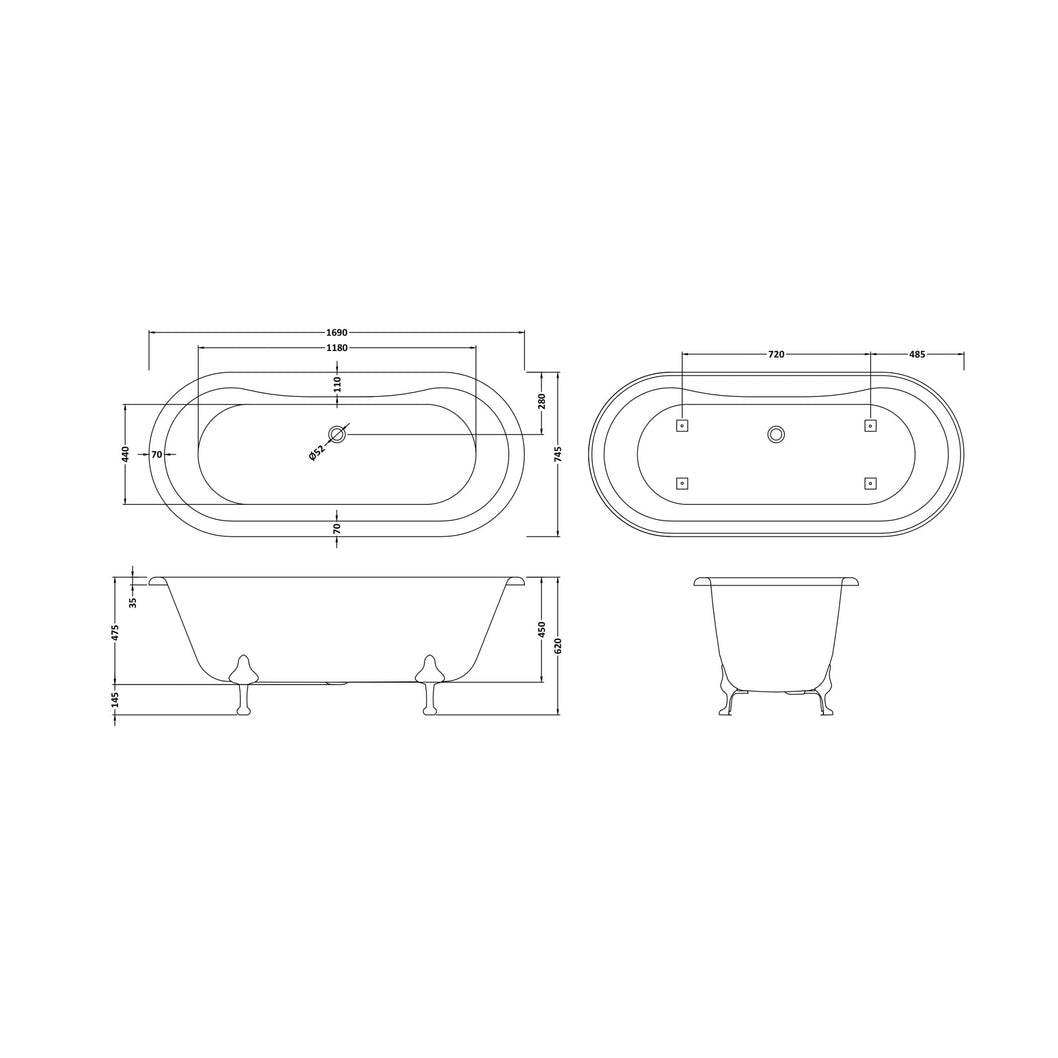 Hudson Reed Kingsbury Freestanding Bath - Pride Leg Set (1700mm) Trad White Acrylic - JJ Building Materials