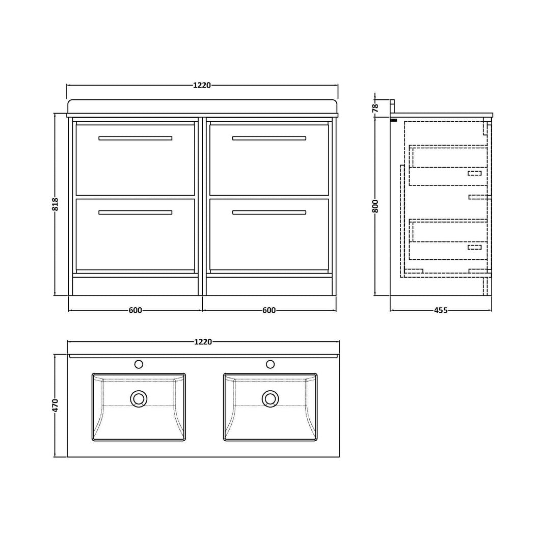 Hudson Reed Lille 1200mm Floor Standing 4-drawer Vanity With Marble Worktop Basin Contemp Graphite Grey Woodgrain MFC Textured Woodgrain,vitreous China 878x1220x470mm - JJ Building Materials