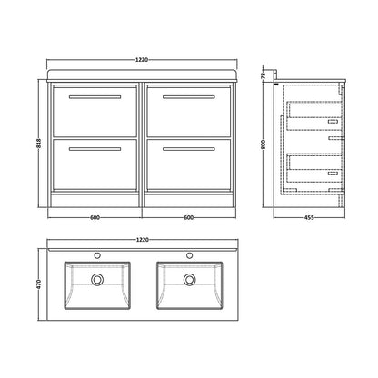 Hudson Reed Lille 1200mm Floor Standing 4-drawer Vanity With Marble Worktop Basin Contemp Graphite Grey Woodgrain MFC Textured Woodgrain,vitreous China 878x1220x470mm - JJ Building Materials