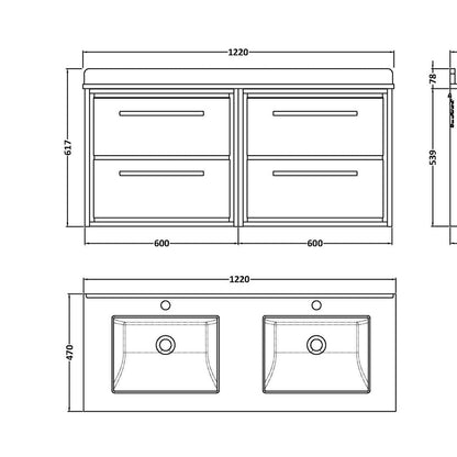 Hudson Reed Lille 1200mm Wall Hung 4-drawer Vanity With Marble Worktop Basin Contemp Antique Oak MFC Textured Woodgrain,vitreous China 617x1220x470mm - JJ Building Materials