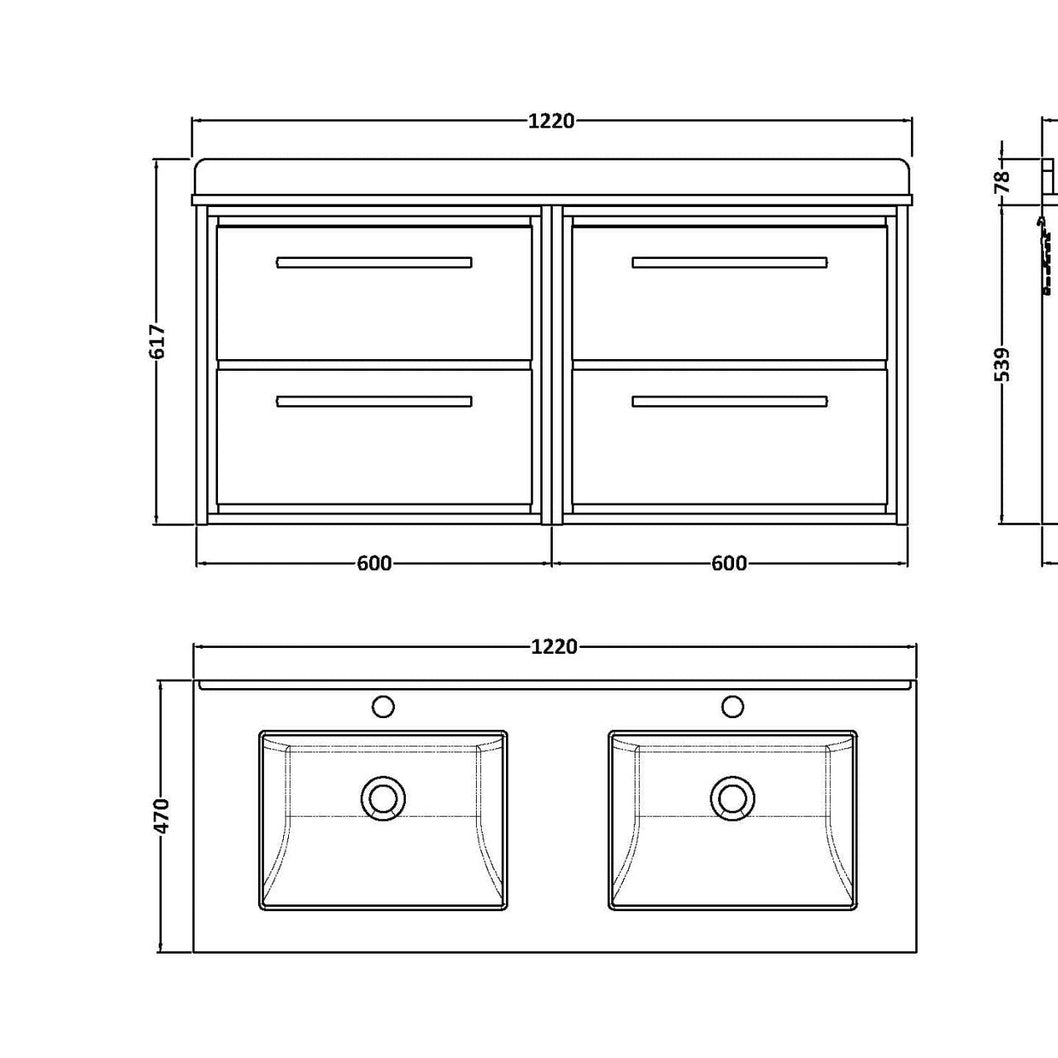 Hudson Reed Lille 1200mm Wall Hung 4-drawer Vanity With Marble Worktop Basin Contemp Graphite Grey Woodgrain MFC Textured Woodgrain,vitreous China 617x1220x470mm - JJ Building Materials