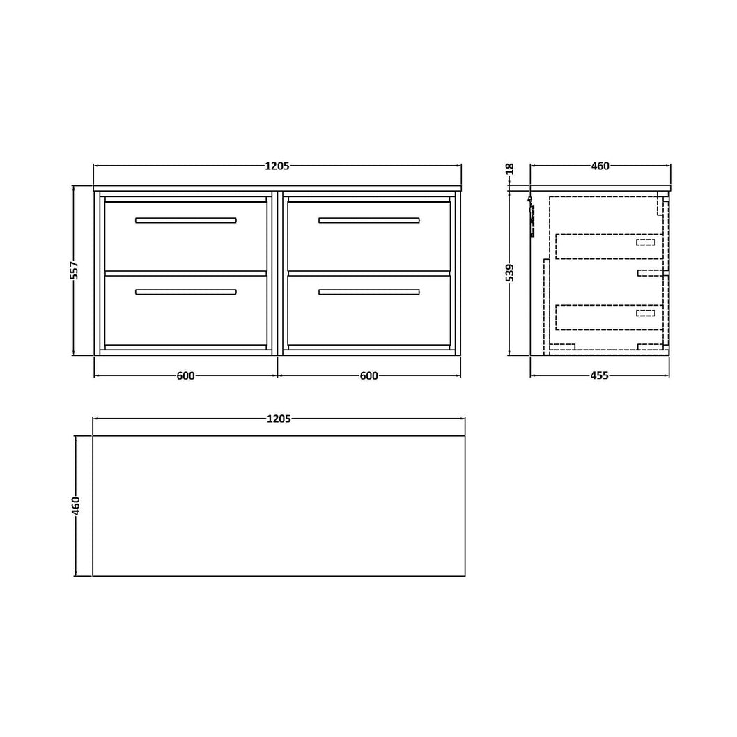 Hudson Reed Lille 1200mm Wall Hung 4-drawer Vanity With Worktop Contemp Antique Oak MFC Textured Woodgrain 557x1205x460mm - JJ Building Materials