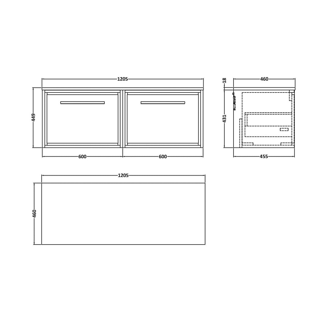 Hudson Reed Lille 1200mm Wall Hung Single Drawer Vanity With Worktop Contemp Antique Oak MFC Textured Woodgrain 449x605x460mm - JJ Building Materials