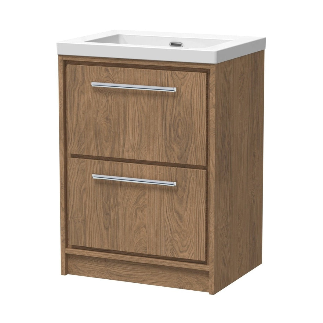 Hudson Reed Lille 600mm Floor Standing 2-drawer Vanity With Basin - 0 Tap Hole Contemp Antique Oak Fireclay,MFC Textured Woodgrain 845x613x462mm - JJ Building Materials