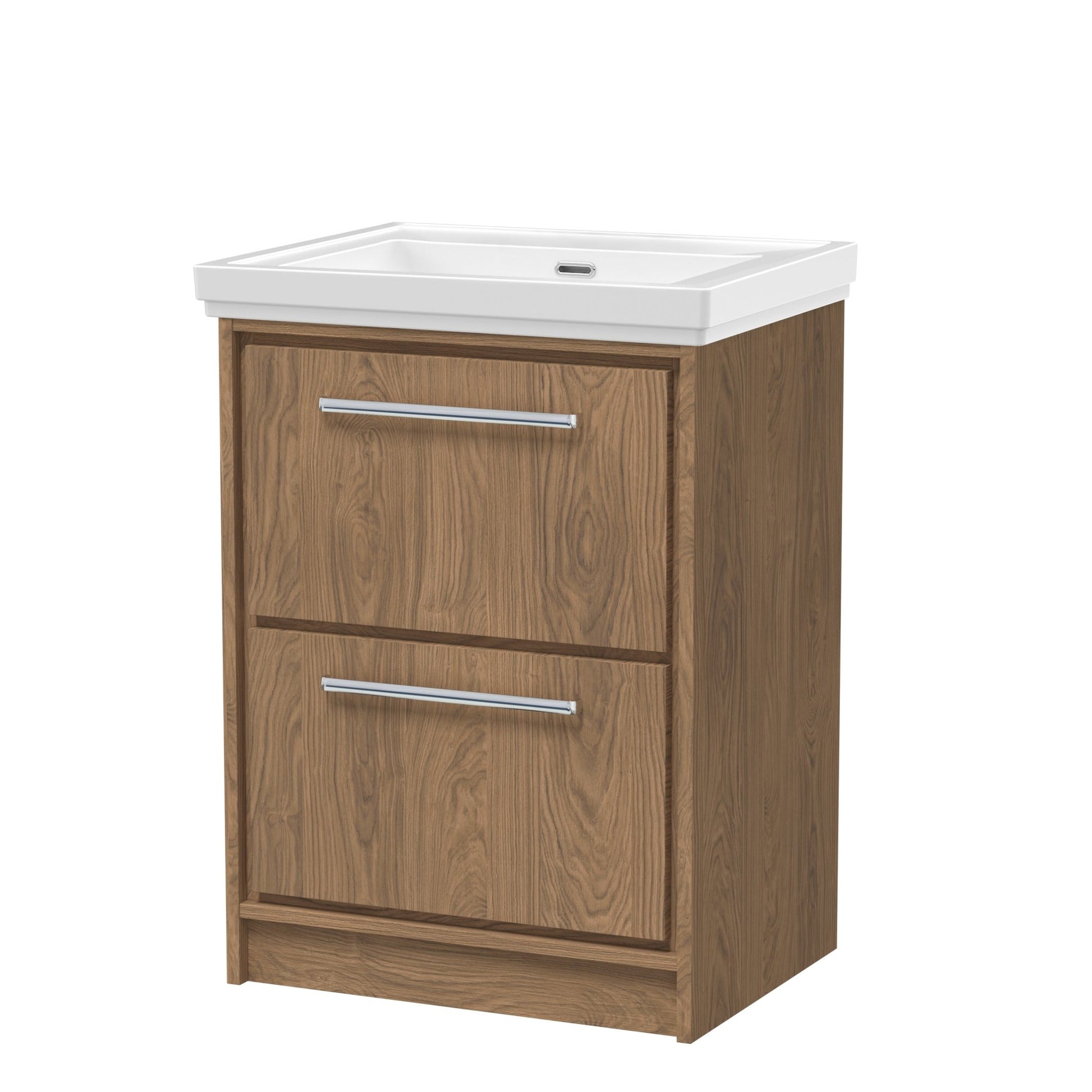 Hudson Reed Lille 600mm Floor Standing 2 - drawer Vanity With Basin - 0 Tap Hole Contemp Antique Oak Fireclay,MFC Textured Woodgrain 866x630x471mm - JJ Building Materials