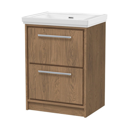 Hudson Reed Lille 600mm Floor Standing 2-drawer Vanity With Basin - 0 Tap Hole Contemp Antique Oak Fireclay,MFC Textured Woodgrain 866x630x471mm - JJ Building Materials